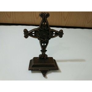 Cast Iron Metal Cross Stocking Holder Bronze Speckled Paint 6.5" Heavy Religious
